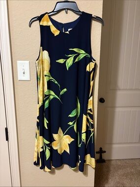 Anne Klein Navy Midi Dress with Yellow Floral Print